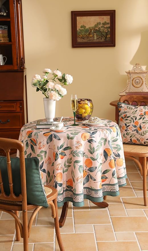 patdrea Designer Linen Small Round Table Cloth,Vintage Framhouse Oranges and Leaves Pattern Tablecloth,Decor Table Cover for Kitchen Dining Christmas,Thanksgiving,Party,Diameter 55"-Palladin a