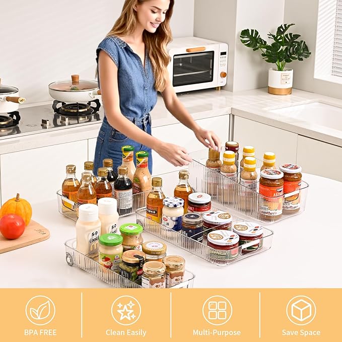 Refrigerator Organizers and Storage Roll Out Storage Bins Fridge Organizer with Wheels BPA-Free Clear Plastic Storage Bins Pantry Organizers and Storage 2 Pack