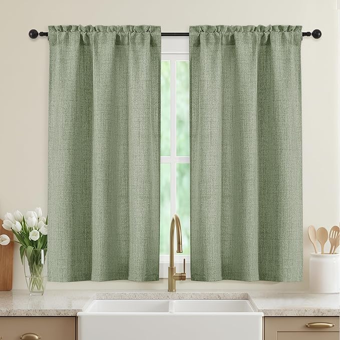 Sage Green Kitchen Curtains 45 Inch Length 2 Panels, Light Filtering Faux Linen Textured Short Kitchen Window Curtains Over Sink, Half Curtain Tiers for Cabinet Bathroom Basement, 30"Wx45"L