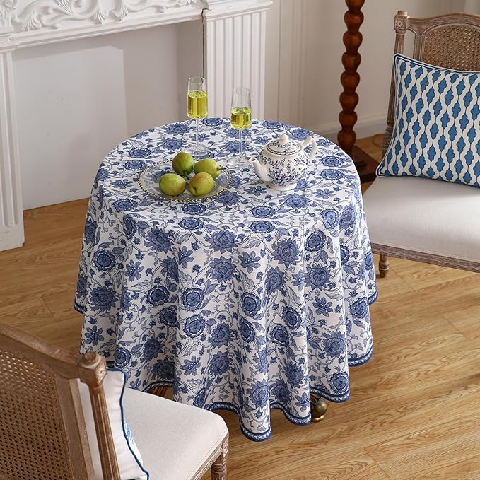 patdrea Designer Vintage French Round Table Cloth,Linen Durable Blue Paisley Pattern Tablecloth,Decoration Floral Cover for Kitchen Dining Christmas,Thanksgiving,Diameter 67"-Lantang a
