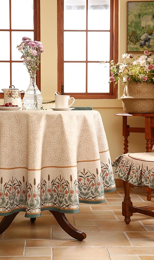 patdrea Designer Vintage Linen Round Table Cloth,Anti-Wrinkle Breathable French Tablecloth,Fall Decor Table Cover for Kitchen Dining,Christmas,Thanksgiving,Tea Party,Diameter 67"-Cudillero