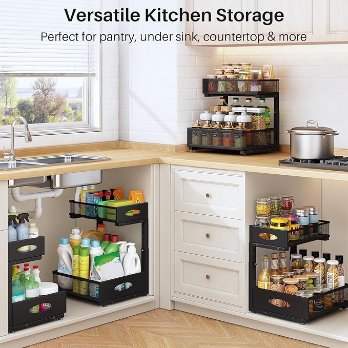 Under Sink Organizer, 2 Pack 2 Tier Pull Out Under Cabinet Organizer Shelf with Pad for Framed Cabinets, Metal Slide Out Under Sink Storage, Mesh Sliding Drawers for Kitchen Bathroom Laundry, Black