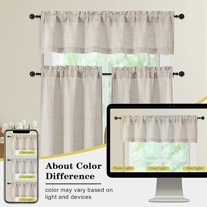 Linen Kitchen Curtains 36 Inch Length 2 Panels, Light Filtering Farmhouse Faux Linen Textured Short Curtains for Windows, Small Curtain Tier for Cafe Cabinet Bathroom RV Camper, 30Wx36L Inch