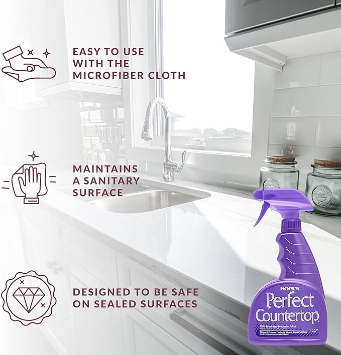 HOPE'S Perfect Countertop Cleaner and Polish - Streak-Free Multi Surface Cleaning Spray - Kitchen Spray for Granite, Quartz, Marble, Stone, Laminate, CORIAN, 22 Fl Oz, Pack of 1 with Microfiber Cloth