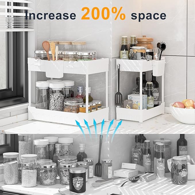 2 Pack Under Sink Organizer, Under Bathroom Cabinet Organizer with Hooks Hanging Cup, Multi-Purpose Storage Shelf for Kitchen Bathroom (White, L)