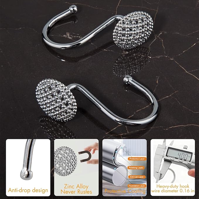 Pearlbee Chrome Shower Curtain Hooks, Silver Shower Curtain Rings Hooks, Rust Proof Shower Curtain Hooks, Bathroom Shower Hooks for Curtain, Metal Shower Hooks for Shower Curtain Rod