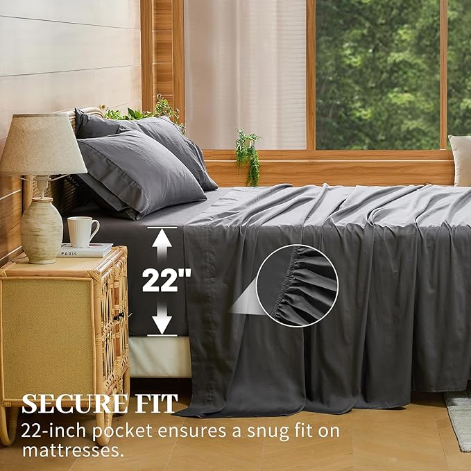 Bedlifes Deep Pocket Sheets 18-24 Inch, Queen Size Egyptian Cotton 1000 Thread Count, 4-Piece - Fits Extra Thick Mattresses, Cooling & Breathable (Dark Gray)