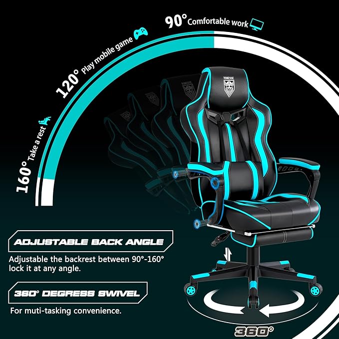 Vonesse Gaming Chairs for Adults, Gaming Chairs with Footrest and Massage, Reclining Computer Chair for Heavy People,Big and Tall Ergonomic Gamer Chair with Lumbar Pillow(Teal/Cyan)