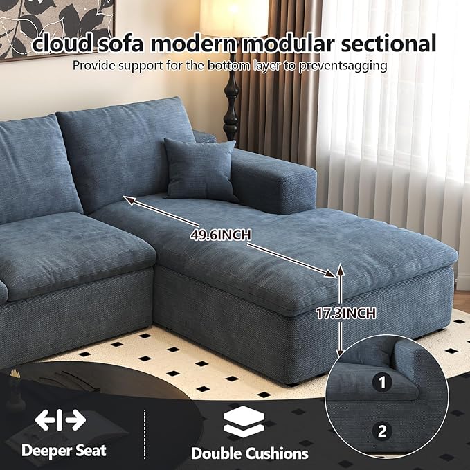 107'' U-Shaped Modern Modular Sectional Cloud Couch Whit Ottoman, 4-Seat Chenille Deep-Seat Sofa with Pillow for Living Room, Bedroom, Apartment, Ocean Blue