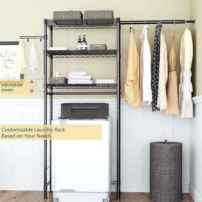 Over Washer and Dryer Shelves,3 Tier Adjustable Wire Shelving Laundry Room Storage Organization Clothes Drying Rack with Mounted on the Wall Expandable Hanger Rods&Hook,55"~74.5"Wx13.4"Dx77"H
