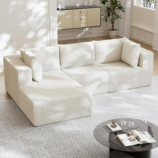 108" Boneless Couches for Living Room, Modular Cloud Couch Sofa - L Shap Corduroy Sectional Sofa, Fluffy Memory Foam Sleeper Sofa Furniture, No Assembly, Wide Armrest, Beige