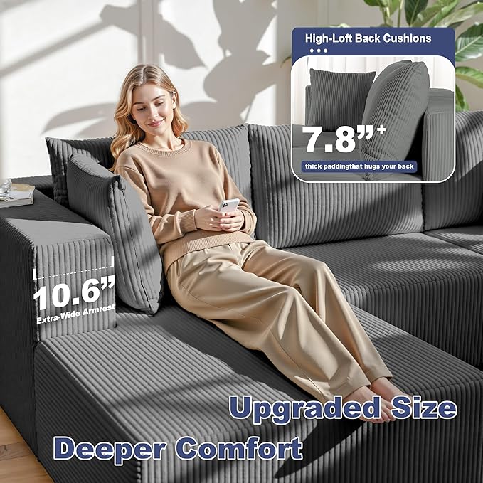 108" Boneless Couches for Living Room, Modular Cloud Couch Sofa -4 Pieces U Shap Corduroy Sectional Sofa, Fluffy Memory Foam Sleeper Sofa Furniture, No Assembly, Wide Armrest, Grey