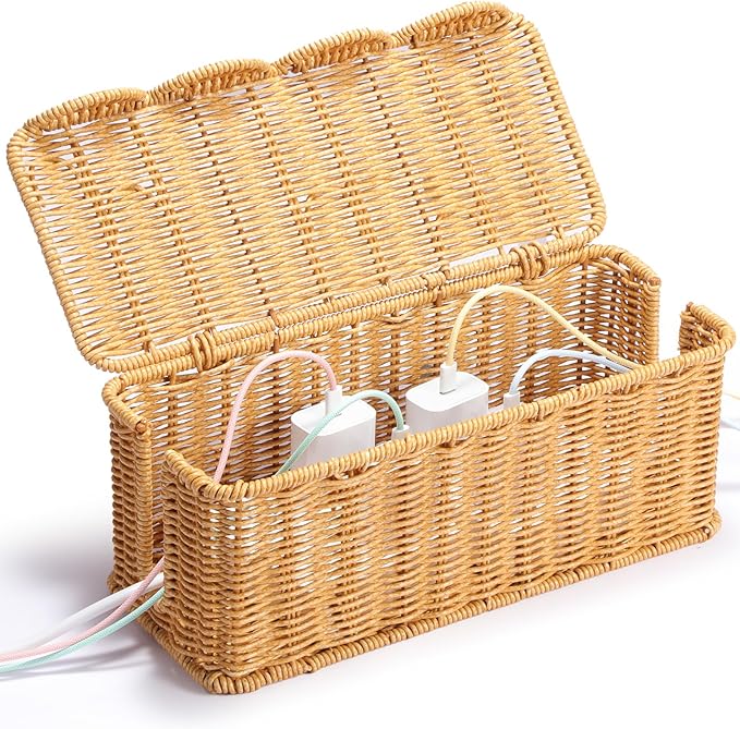 YECAYE Handwoven Rattan Style Cable Management WavyWeave Box, Decorative Storage Cord Organizer Box for Power Strips & Cords, Cord Hider for Home, Kids & Pet Safety, DIY-Friendly Cord Management