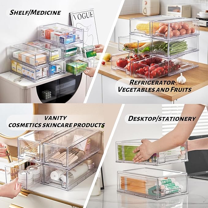 PeJeyiee Clear Stackable Refrigerator Organizers and Storage Drawers - Pull-Out Fridge Bins with Anti-Slip Base & Easy Clean, Plastic Organizers for Kitchen Pantry Cabinet Closet ﻿ (2XL)