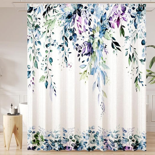 Green Eucalyptus Leaves Shower Curtain for Bathroom:Aesthetic Art Watercolor Plant Shower Curtains Sets with Hooks,Waterproof Fabric Decor 72x72 inches.