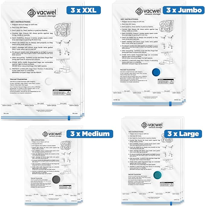 12-Pack Variety - Vacuum Storage Bags for Clothes, Packing & Storage - Strong Vacuum Space Bags for Comforter, Quilt & Mattress Topper Compression - Premium Sealing Solutions in XXL, Jumbo, L, M Sizes