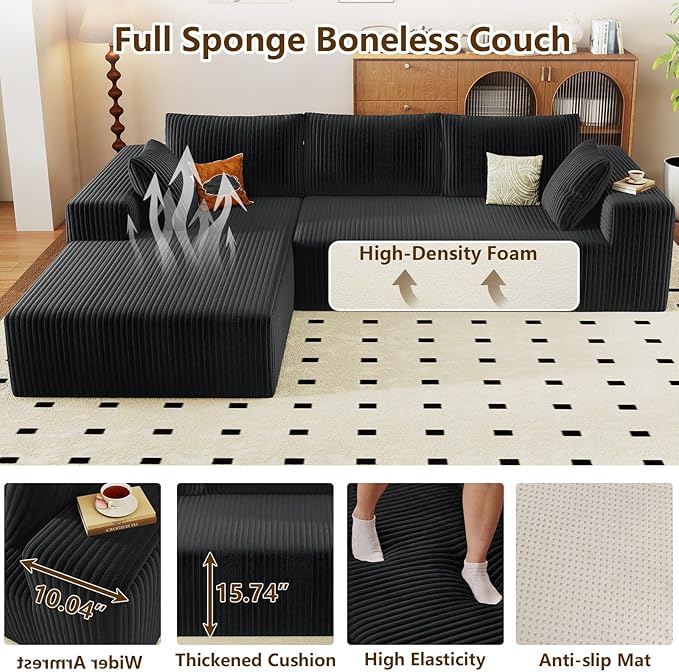 96" Modular Sectional Couch, Boneless L Shaped Cloud Sofa with Chaise Lounge, Corduroy Upholstered Couches Memory Foam Deep Seat, No Assembly Required, Ideal for Living Room(Black, Left Facing)