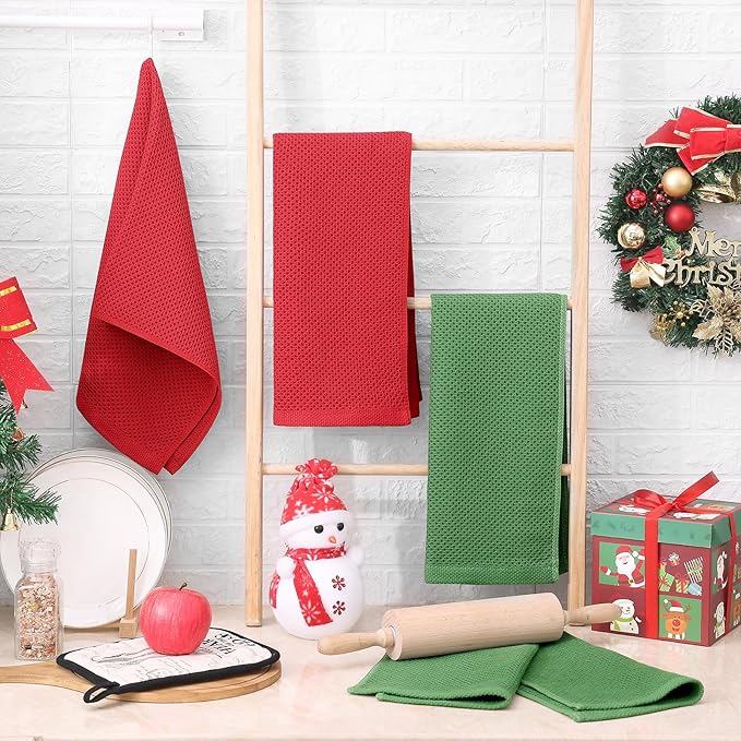 Homaxy 100% Cotton Waffle Weave Kitchen Dish Towels, Ultra Soft Absorbent Quick Drying Cleaning Towel, 13 x 28 Inches, 4-Pack, Red