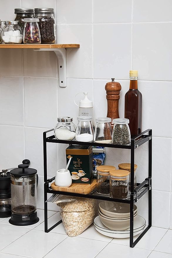 2 Pack Kitchen Cabinet Shelf Counter Organizer Rack Pantry Storage Bathroom Bedroom Office Table Desk Space Saving Steel Frame Stackable Rust Resistant Non Slip Black