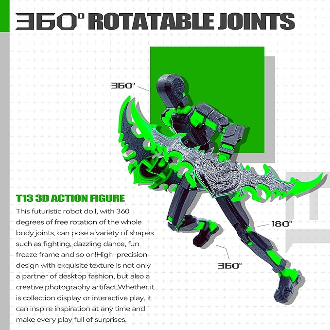 (Assembly Completed) T13 3D Action Figure Set,Dummy Robo Titan 13 Action Figures,3D Printed Multi-Jointed Toy (Black + Green)