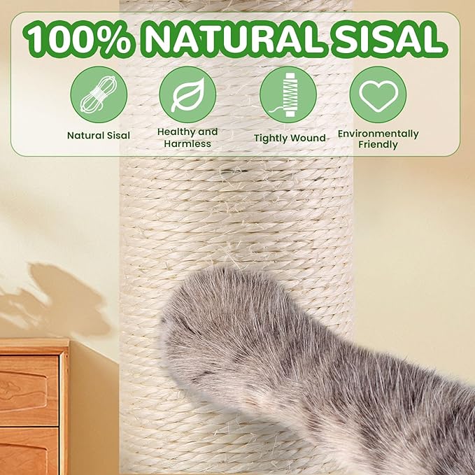 39.4'' Tall Cat Scratching Post,3.5 Inch Wide Sisal Rope Scratching Post for Indoor Adults Kittens,Cat Scratcher with Stable Solid Wood Base Interactive Ball Toys Self Groomer Brush for Large Cats