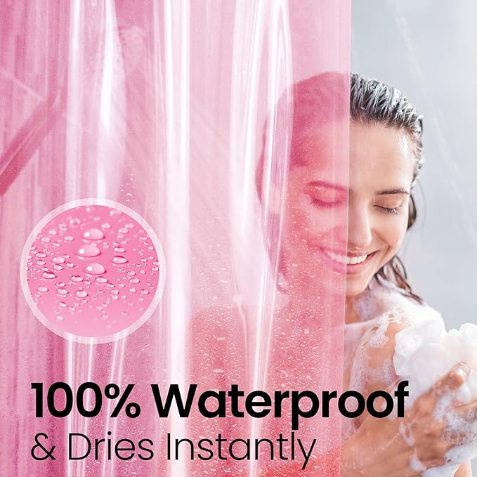 LiBa Bathroom Shower Curtain Premium PEVA Non-Toxic, Pink Clear Waterproof Plastic Shower Curtain Liner with Rust Proof Grommets 8G Bathroom Accessories 72x72