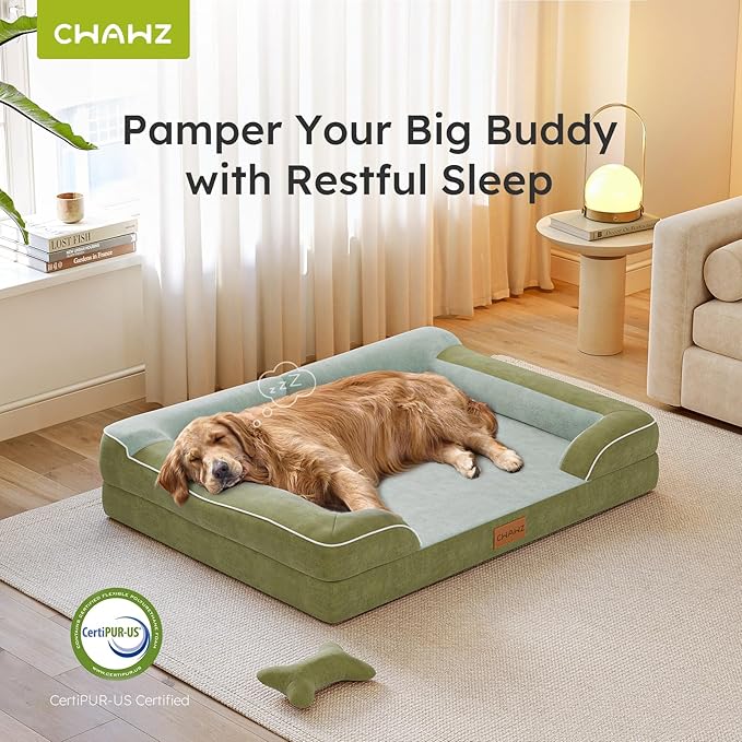 XXL Dog Bed for Extra Large Dogs, Giant Orthopedic Dog Bed with Cooling Gel Memory Foam, Waterproof Pet Bed with Removable Washable Cover, 53" Pet Sofa bed Dutch Velvet with Bone Toy, Dark Green