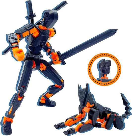 (Assembly Completed) T13 3D Action Figure Set,Dummy Robo Titan 13 Action Figures,3D Printed Multi-Jointed Toy (Black + Orange)