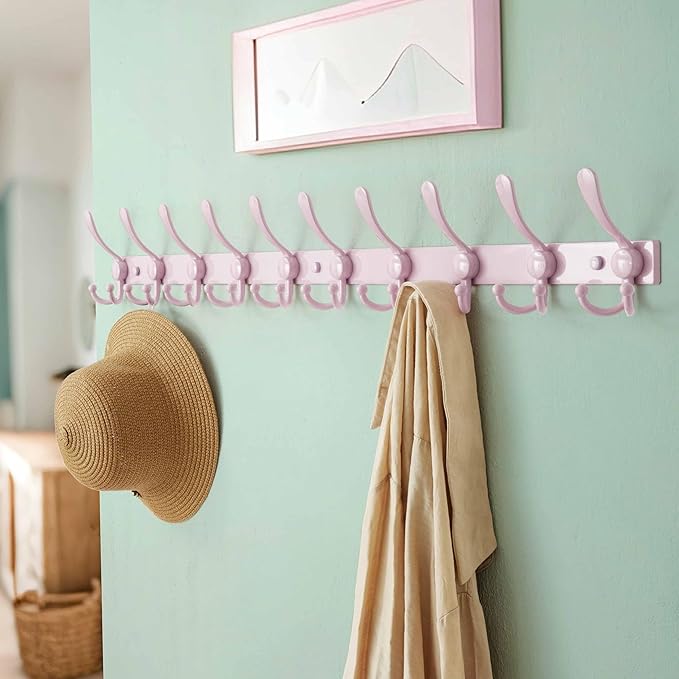 Dseap MaxStrong 2.0 Coat Rack Wall - 37” Long 10 Tri Hooks - Ultra Heavy-Duty Stainless Steel Wall Mount Coat Hanger, Hook Rail for Clothes Hats Jacket Towels Pink