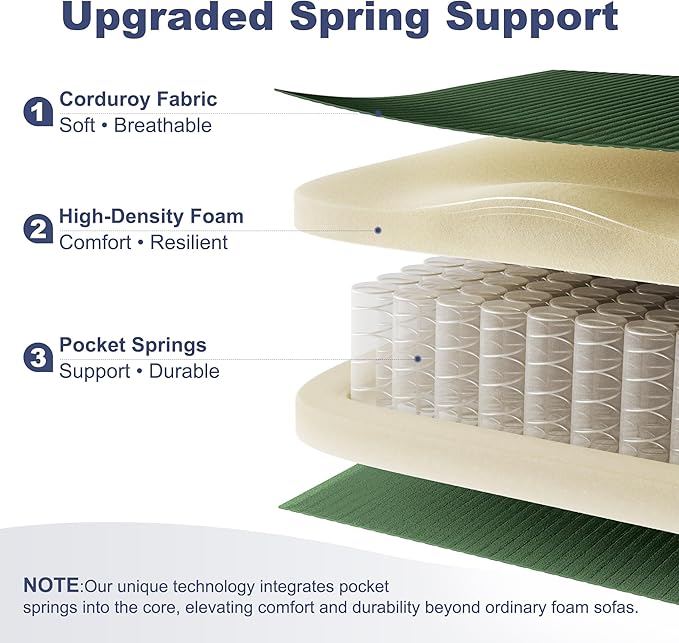 108" Boneless Couches for Living Room, Modular Cloud Couch Sofa - L Shap Corduroy Sectional Sofa, Fluffy Memory Foam Sleeper Sofa Furniture, No Assembly, Wide Armrest, Green