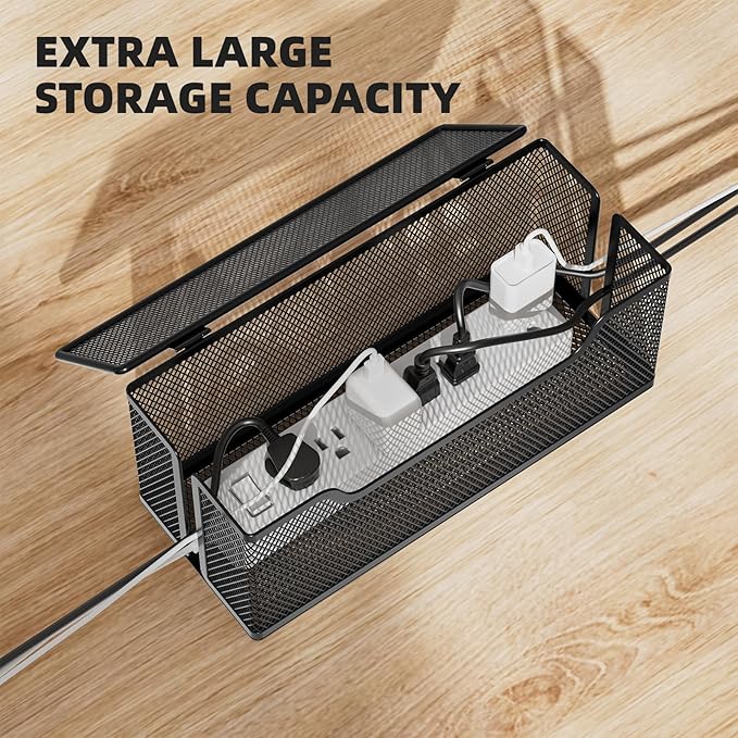 Marbrasse 3 Pack Cable Management Box, Metal Mesh Cord Organizer Box for TV Wires, Electrical Hiding, Power Strip – Under Desk Cable Storage Box with Cable Clips&Reusable Cable Ties for Home/Office