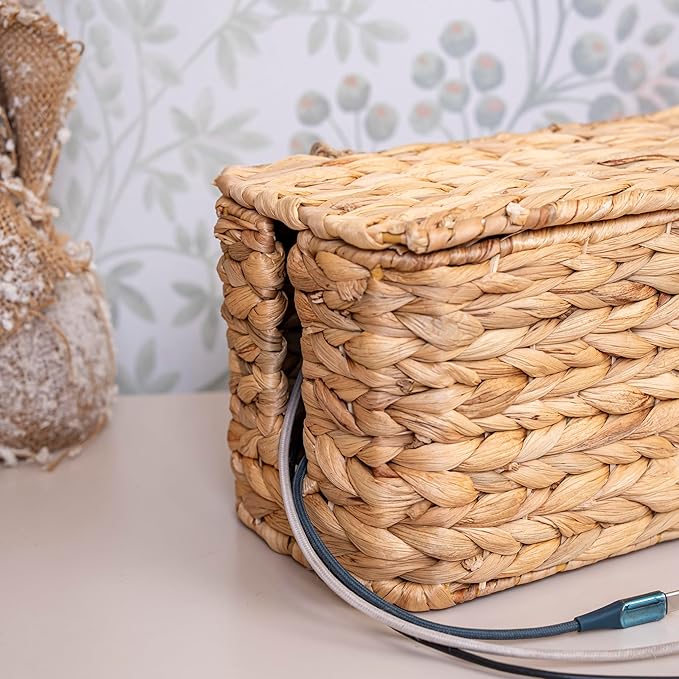 PEMAR Natural Wicker Cable Management Box, Cable Organizer, 2 Open Slots, Under Desk Cord Organizer, Cover & Hide Power Strips & Cords for TV Desk, Computer, Router, USB Hub (Natural Water Hyacinth)