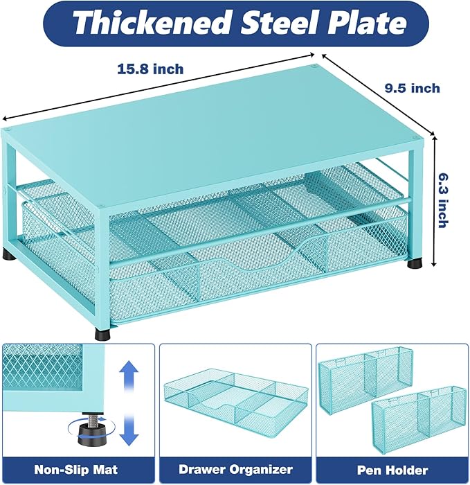 Desk Organizers and Accessories, 2-Tier Computer Monitor Stand Riser with Drawer and 2 Pen Holders, Laptop Stand, Office Desk Accessories for Office Supplies, Teal Blue