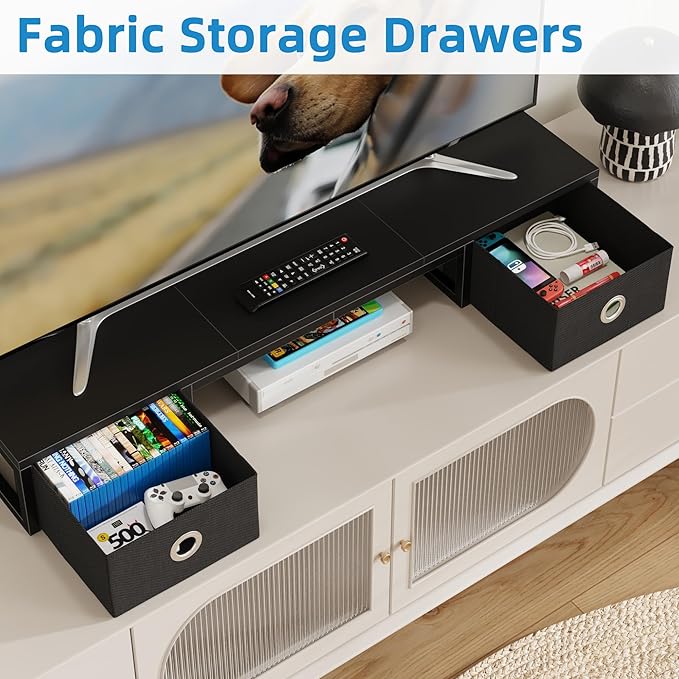 YAOHUOO 45" Large TV Riser with Fabric Drawers for 32-60 inch TV, TV Stand Riser with Steel Legs, Tabletop TV Riser Shelf, Monitor Stand Riser for Home Office, Black