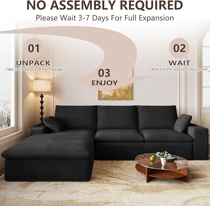 107 Inch Cloud Sectional Couch, Modern Modular Sectional Sofa with Deep Seat, Corduroy Boneless Couches with L-Shape Chaise for Living Room Bedroom, No Assembly Required (Black, Left Facing Chaise)