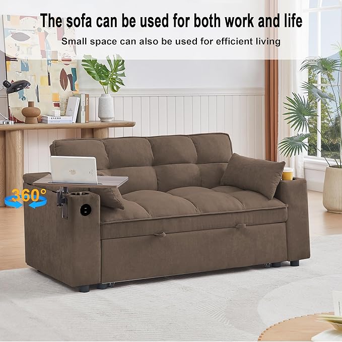 65'' Convertible Sleeper Sofa Bed with Adjustable Backrest, Chaise Lounge, Side Table & USB/Type-C Ports – Stylish & Functional Addition to Any Living Room (Light Grey-1)