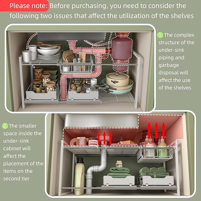 NETEL Under Sink Organizers and Storage,Kitchen Cabinet Organizer,2 Tier Under Sink Expandable Shelves，Bathroom Cabinet Organizer with Pull Out Drawers,(30.9-31.64)" W x 14.69" D x 15.83" H,White