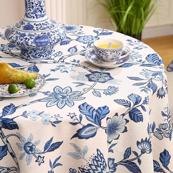 Vintage French Linen Round Tablecloth,Blue and White Floral Wrinkle Free Tablecloths,Decorative Table Cover for Kitchen,Dining,Tea Party,Thanksgiving,Christmas,Diameter 67"-Suqing
