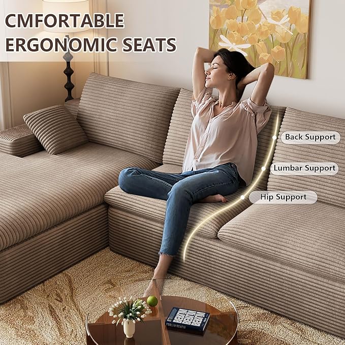 107 Inch Cloud Sectional Couch, Modern Modular Sectional Sofa with Deep Seat, Corduroy Boneless Couches with L-Shape Chaise for Living Room Bedroom, No Assembly Required (Camel, Left Facing Chaise)