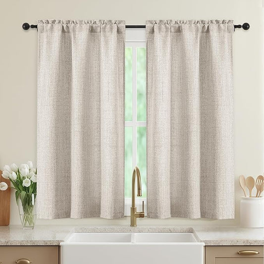 Linen Kitchen Curtains 45 Inch Length 2 Panels, Light Filtering Faux Linen Textured Short Kitchen Window Curtains Over Sink, Half Curtain Tiers for Cabinet Bathroom Basement, 30Wx45L Inch
