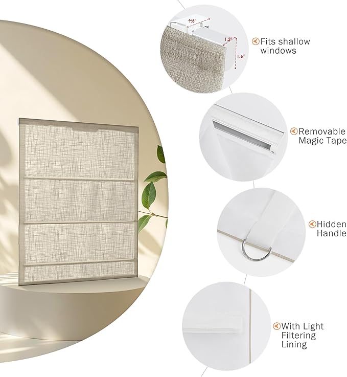 Cordless Roman Shades, 70% Blackout Thermal Insulated Pull Down Window Treatments with Lining for Home Privacy, Light Filtering Blinds for Living Room Kitchen Dining Room, Brown 17" W x 66" H