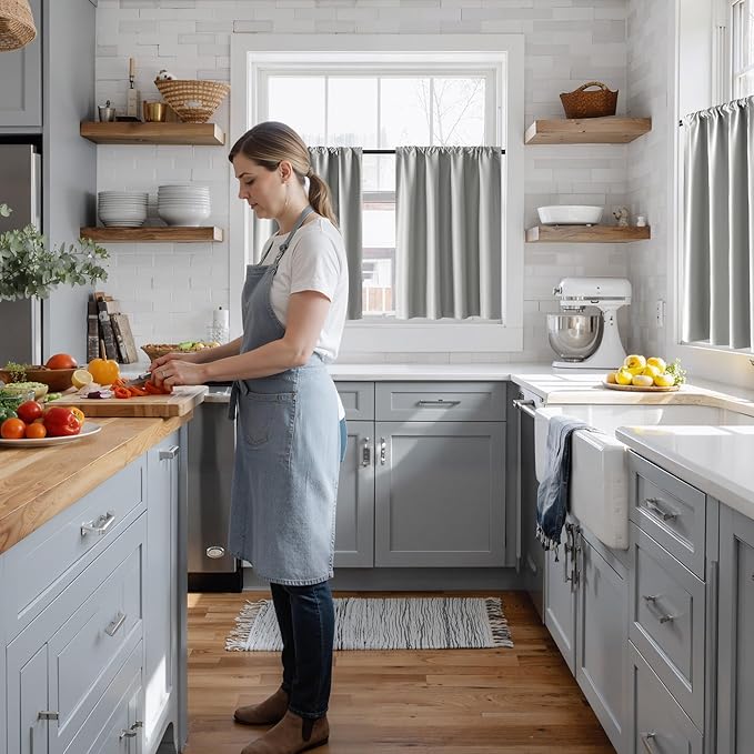 RYB HOME 100% Blackout Bathroom Curtains Over Sink 30 inches Long, Heat & UV Blocking Total Room Darkening Noise Reducing Curtains for Basement RV Campers, Sliver Grey, 2 Panels Set