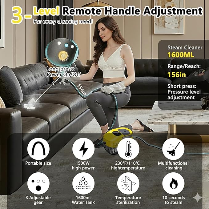 3 Level Adjustable Pressurized Handheld Steam Cleaner for Home, 10s Heat-Up Handheld Steamer for Cleaning, 1.6 Qt Tank Portable Steam Cleaner Handheld for Car,Grout,Tile,Couch,Floor (yellow)