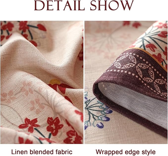 patdrea Designer Vintage Linen Table Cloth for Round Table,Red Floral Durable Breathable Tablecloth,Dacorative for Kitchen Dining,Holiday,Christmas,Thanksgiving,Tea Party,Diameter 55"-Newmari