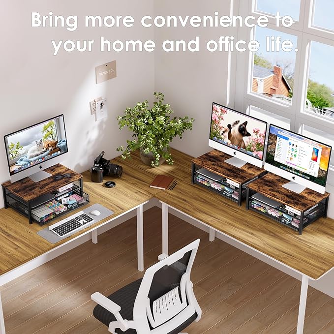 Computer Monitor Stand Riser, Desk Organizers and Accessories with Drawer, Laptop Stand, Office Desk Accessories & Workspace Desktop Organizers Storage for Office Supplies(Brown)