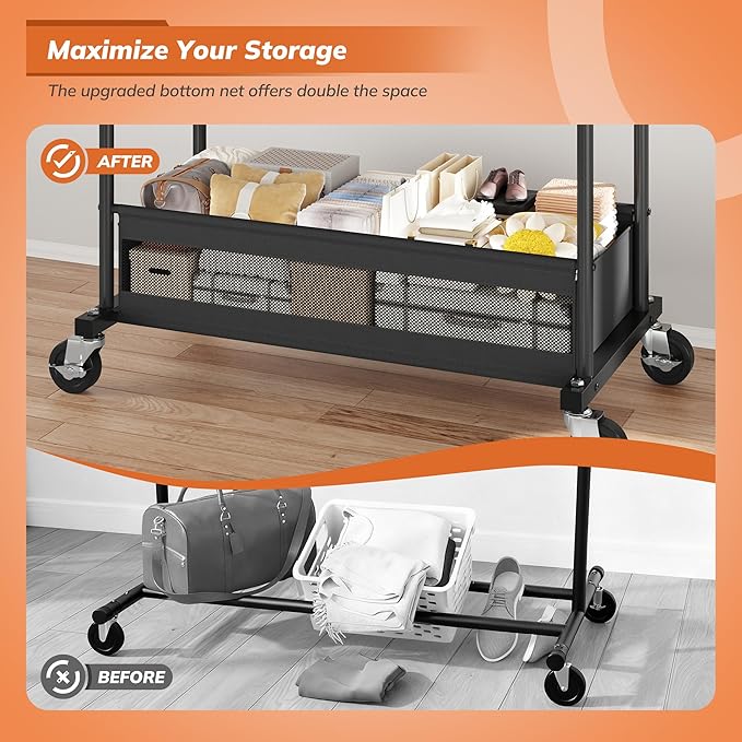 Clothes Rack, Double Rod Clothing Rack with Storage Bag & Sturdy Wheels, Metal Garment Rack for Closet Organizers and Storage, 43.3" W×17.7" D×63" H