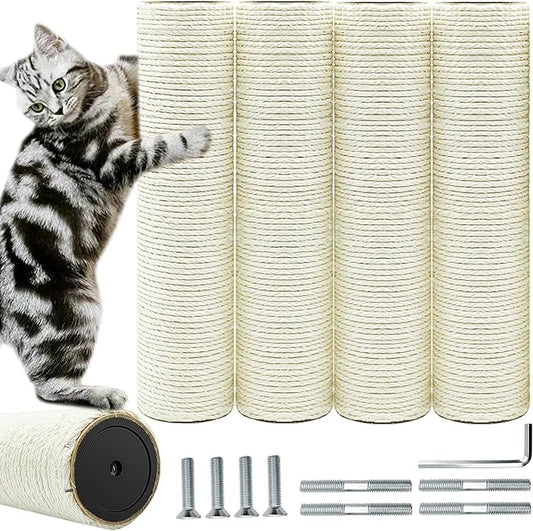 Cat Scratching Post Replacement Pole，4 PCS 11.81in Cat Tree Replacement Post，Natural Sisal Cat Tree Replacement Parts with M8 Screws，Cat Scratch Post Replacement for Refurbishment