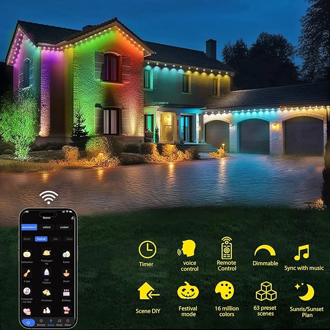 Permanent Outdoor Lights for House, 100ft Smart RGB+IC Color Outdoor Lighting with 63 Scene,IP67 72 LED Eaves Lights for Holiday, Christmas, Daily Lighting, Smart Life APP Control, C5103-A