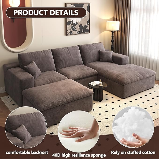 107'' U-Shaped Modern Modular Sectional Cloud Couch Whit Ottoman, 4-Seat Chenille Deep-Seat Sofa with Pillow for Living Room, Bedroom, Apartment, Camel
