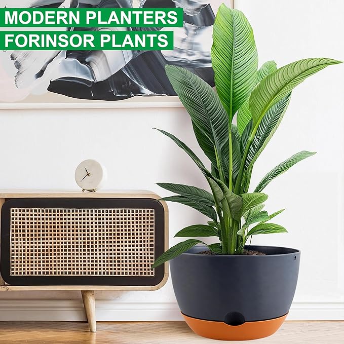 8/8/10/12 Inch Pots for Plants, 4 Pack Large Self Watering Pots for Indoor Plants with Drainage and Saucers, Plastic Outdoor Flower Pot(Grey)